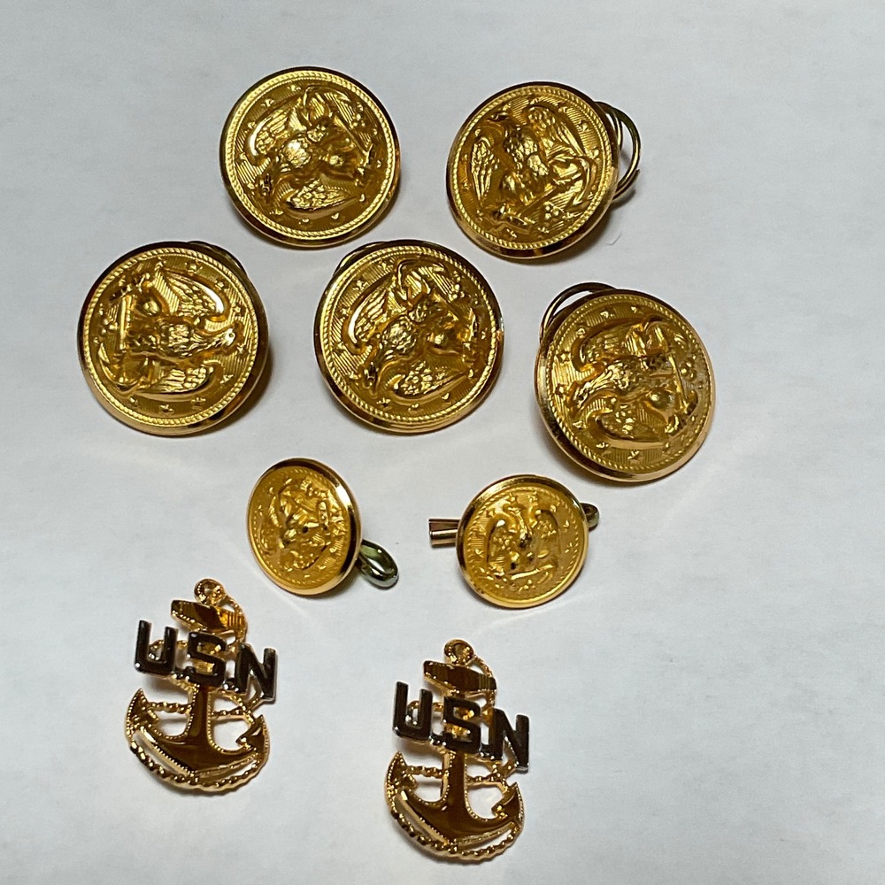 Waterbury US Navy Buttons and USN Anchor Insignia Pins Set Gold Tone 9pc